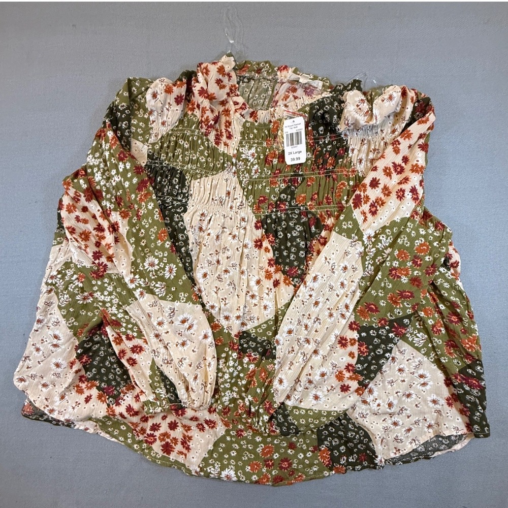 Indigo Soul Smocked Patchwork Floral Top Multi Color 2X Large Boho Rayon 1942